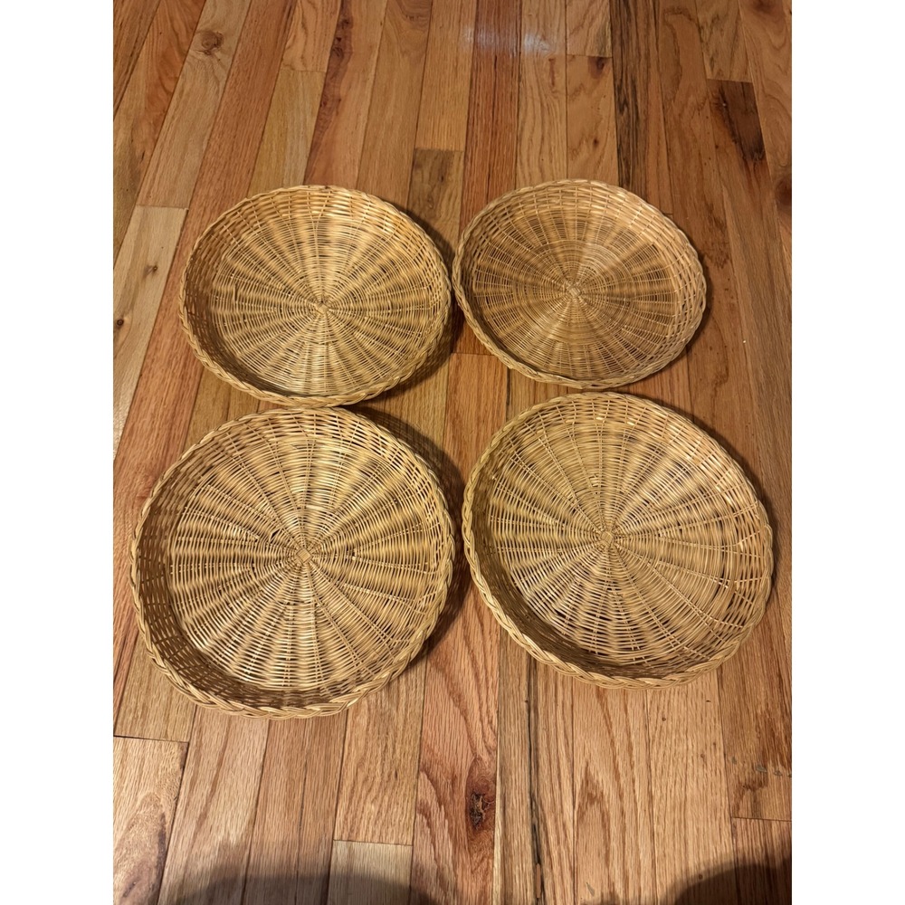 Set of 4 Vintage Woven Wicker Rattan Paper Plate Holders 9 Inch Picnic BBQ Boho